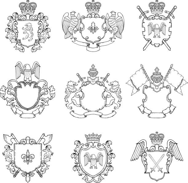 ilustraciones, imágenes clip art, dibujos animados e iconos de stock de plantilla de emblemas heráldicos. diversos marcos vacíos para el diseño de icono o insignias - frame ornate old fashioned shield