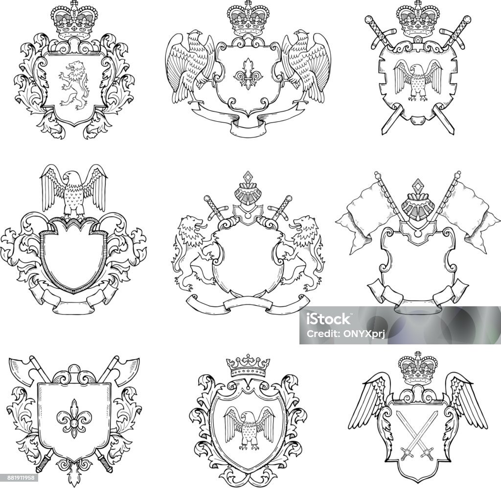 Modèle d’emblèmes héraldiques. Différents cadres vides pour la conception de badges ou icône - clipart vectoriel de Armoiries libre de droits