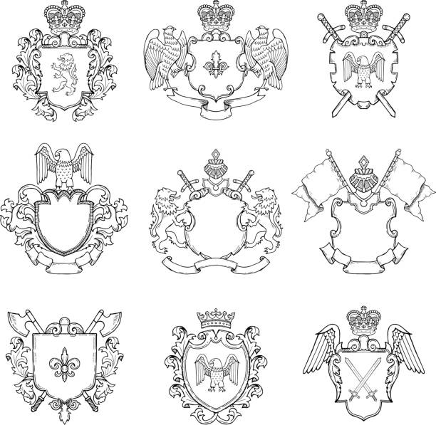 Template of heraldic emblems. Different empty frames for icon or badges design Template of heraldic emblems. Different empty frames for icon or badges design. Vector heraldic badge vintage with sword and eagle illustration coat of arms stock illustrations