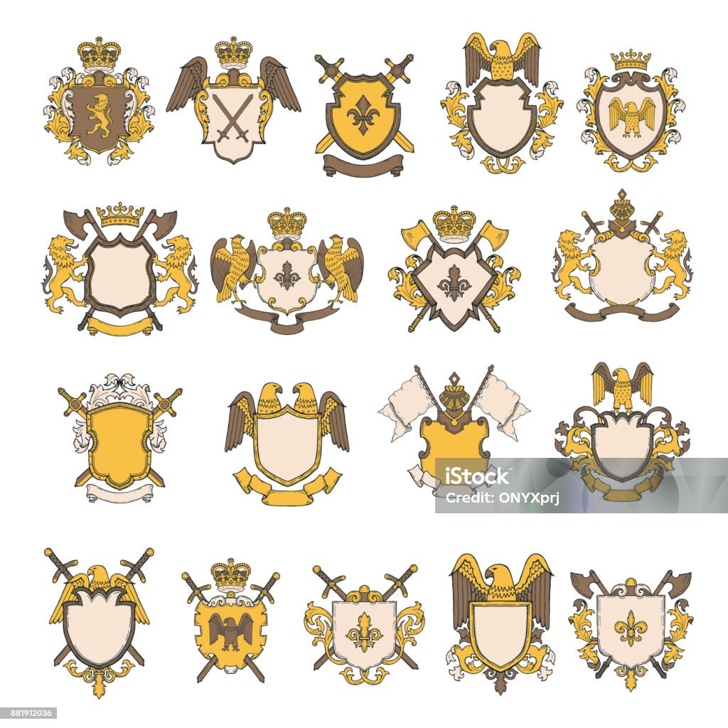 Colored pictures set of heraldic elements Colored pictures set of heraldic elements. Vector shield with eagle and lion, royal heraldic majestic illustration Coat Of Arms stock vector