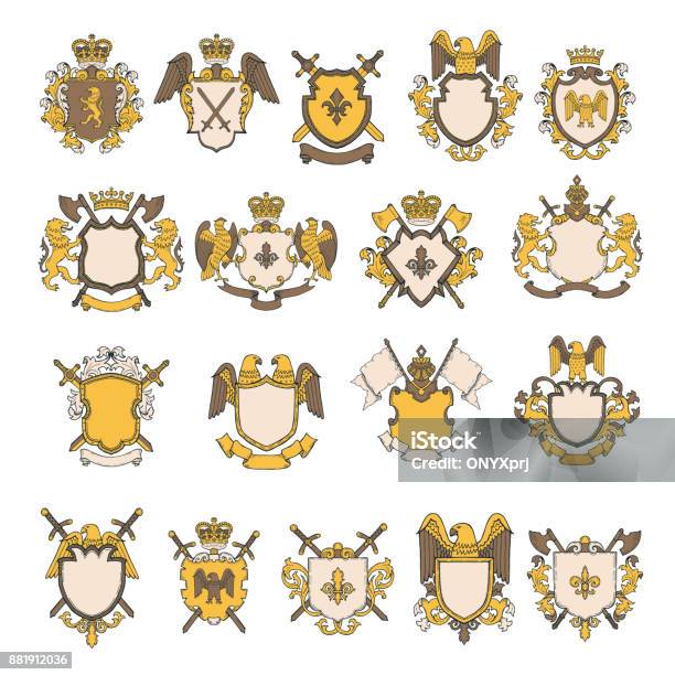 Colored Pictures Set Of Heraldic Elements Stock Illustration - Download Image Now - Coat Of Arms, Shield, Lion - Feline