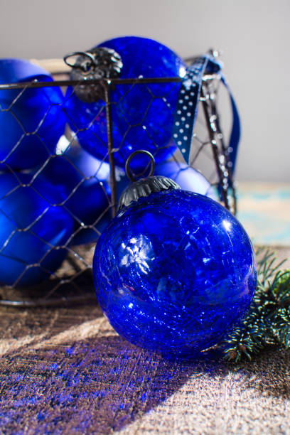 istock Old vintage cobalt blue Christmas tree balls from glass 881912326