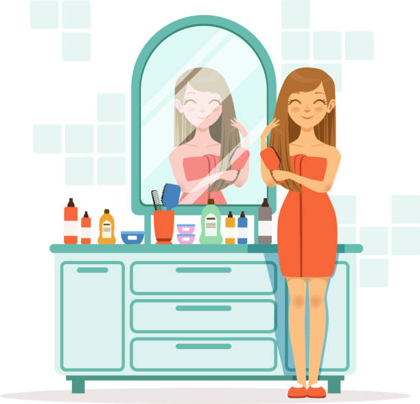 Happy woman combing hair a front of mirror Happy woman combing hair a front of mirror. Girl with comb in bathroom, vector morning combing illustration human hair comb combing cartoon stock illustrations
