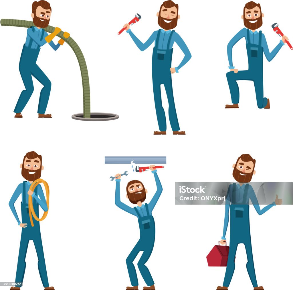 Funny character of repairman or plumber in different poses. Vector mascot design Funny character of repairman or plumber in different poses. Vector mascot design. Illustratioin of repairman and plumber, worker service Mechanic stock vector