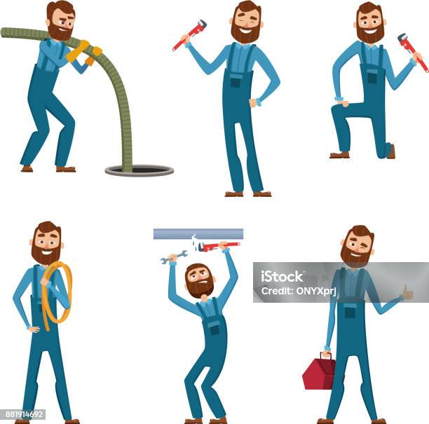 Funny Character Of Repairman Or Plumber In Different Poses Vector Mascot Design Stock Illustration - Download Image Now