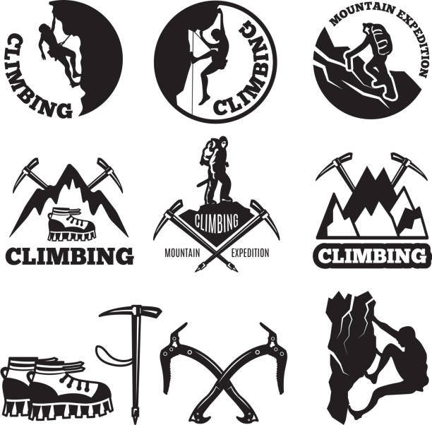 Outdoor pictures. Adventures and mountain climbing. Illustrations for labels or icon designs Outdoor pictures. Adventures and mountain climbing. Illustrations for labels or icon designs. Climbing extreme badge, icon climb expedition and tourism vector hand hold stock illustrations