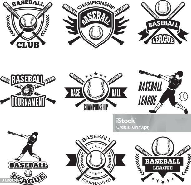 Monochrome Labels Or Emblem For Baseball Club Vector Badges Isolate On White Stock Illustration - Download Image Now