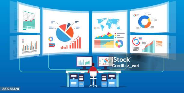 Man In Front Of The Electronic Screen To Do Data Monitoring And Analysis Stock Illustration - Download Image Now