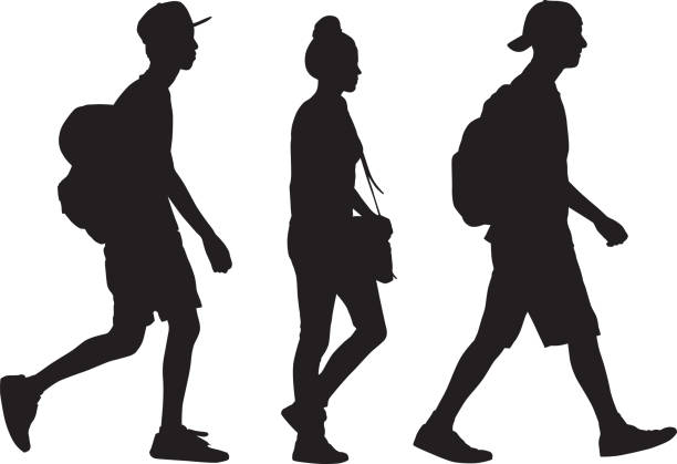 illustrazioni stock, clip art, cartoni animati e icone di tendenza di tre adolescenti che camminano silhouette - teen