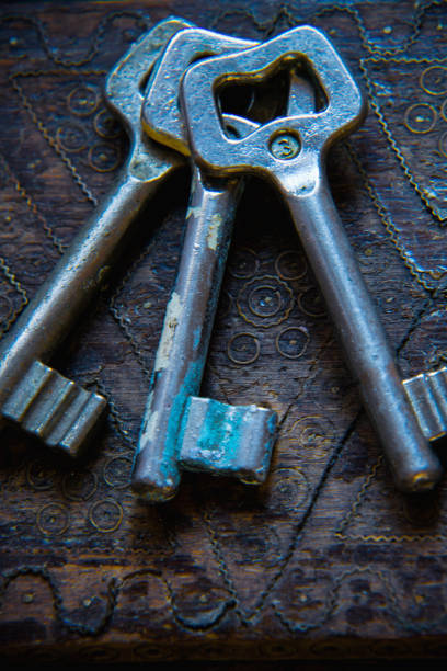 istock Three antique keys on wooden table 881959508