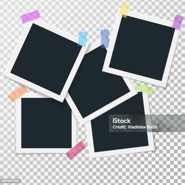 Set Of Square Vector Photo Frames On Sticky Tape Vertical And Horizontal Template Photo Design Vector Illustration Isolated On Transparent Background Stock Illustration - Download Image Now