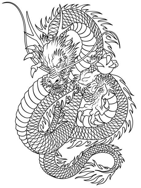 Japanese style dragon pattern I described it in traditional Japanese technique, dragon tattoos stock illustrations