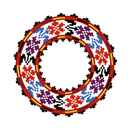 Round traditional Ukrainian ornament. Vector ethnic circular pixel pattern