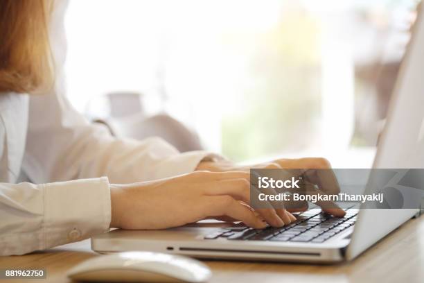 Close Up Woman Working At Home Office Hand On Keyboard Laptop Stock Photo - Download Image Now