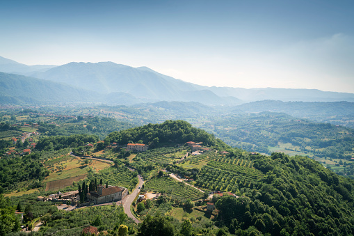 View of vineyards and mountains from 725 meters above sea level from the 1,000 year-old village in the mountainous region of Apennines of Abruzzo, Picinisco; Abruzzo; Italy