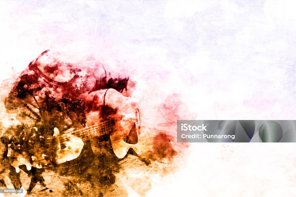 Abstract beautiful playing Guitar in the foreground on oil Watercolor painting background and Digital illustration brush to art. Acoustic Guitar Stock Photo