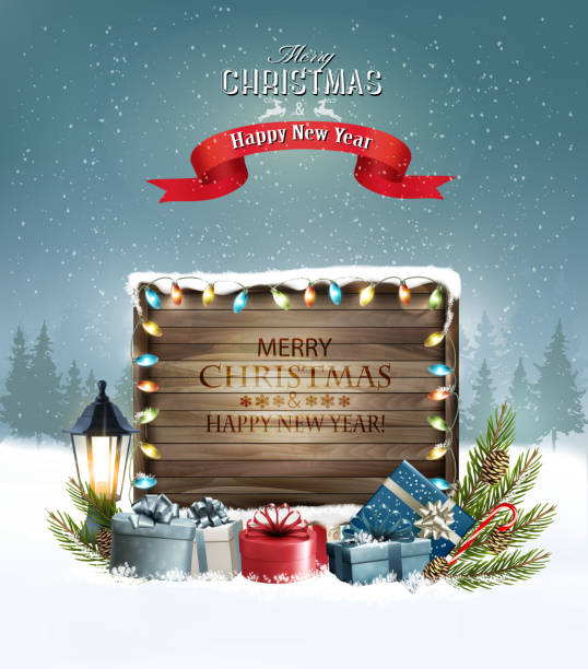 istock Merry Christmas Background with presents and wooden board. Vector 882006534