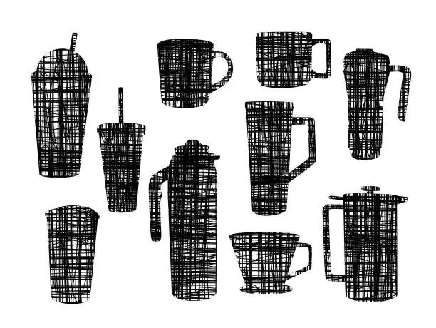 Vector illustration of Coffee Mugs Crosshatched