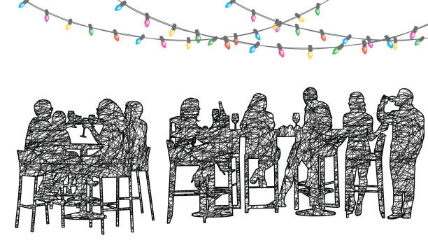 Staff Christmas Party Restaurant scribble drawing of a holiday celebration at the restaurant with christmas light decoration office parties stock illustrations