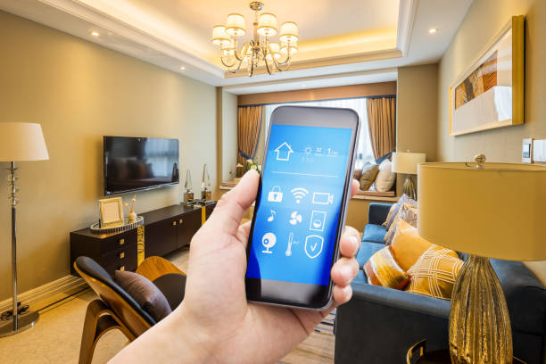 istock smart phone with smart home with modern living room 882017318