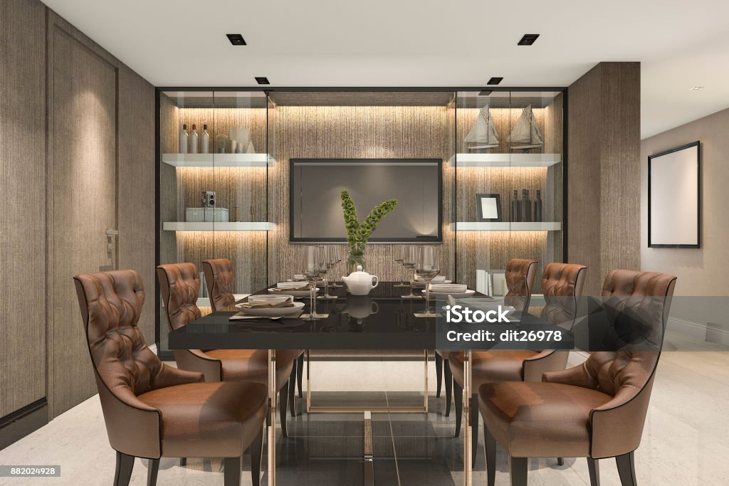3d Rendering Dining Set In Modern Luxury Brown Dining Room Stock Photo ...