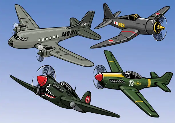 Vector illustration of collection of full color world war 2 military aircraft