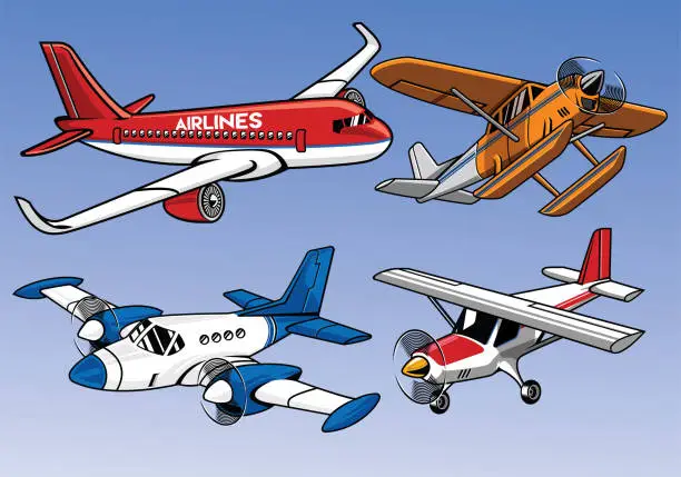 Vector illustration of collection of modern airplane colored version