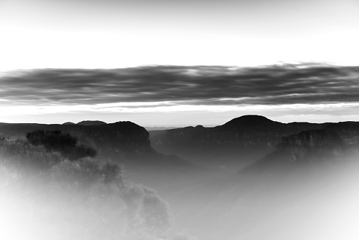 Black and white photo of Pulpit Lookout, Blue Mountains, Australians, Australia