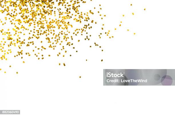 Gold Glitter Isolated On White Background Decoration Party Merry Christmas Happy New Year Backdrop Design Stock Photo - Download Image Now