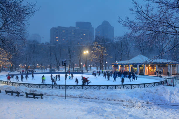 катание на коньках на лягушачьем пруду в бостоне общие - boston winter snow massachusetts стоковые фото и изображения