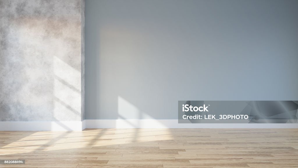 Loft y vintage interior de sala de estar, habitación vacía, de madera pared piso y azul y concreto, render 3d - Foto de stock de Dormitorio - Habitación libre de derechos