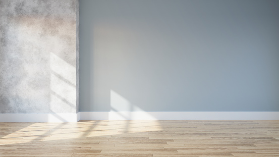 loft and vintage interior of living room, empty room,wood flooring and blue and concrete wall  ,3d rendering