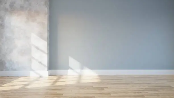 Photo of loft and vintage interior of living room, empty room,wood flooring and blue and concrete wall  ,3d rendering