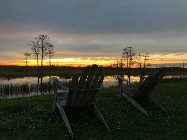 istock retirement and two chairs looking at the sunset in the swamp 882101846