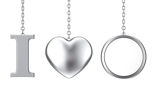 Hanging by Chain I Love Something Sign as Silver Heart and Blank Badge with Free Space for Yours Design on a white background. 3d Rendering