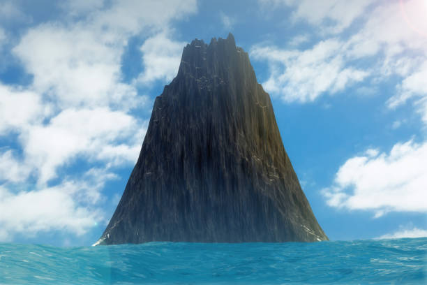 istock Black Rock Island Landscape in Ocean. 3d Rendering 882101984
