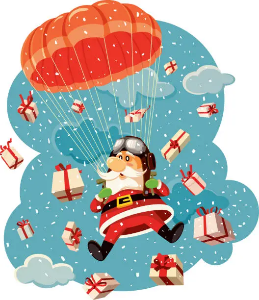 Vector illustration of Santa Claus Flying with Parachute Surrounded by Gifts Vector Illustration