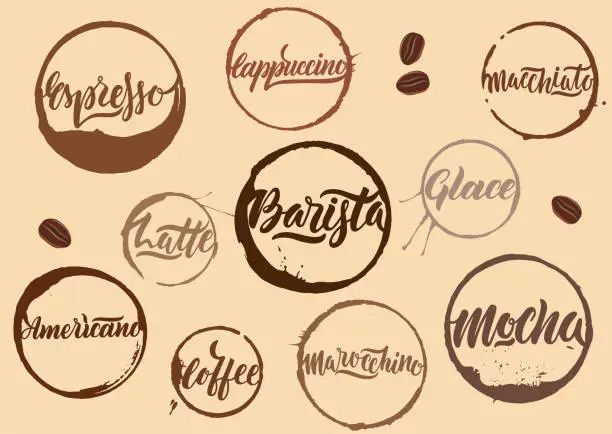 Vector illustration of Handwritten vector brown calligraphic coffee names in rings of stains on beige background.