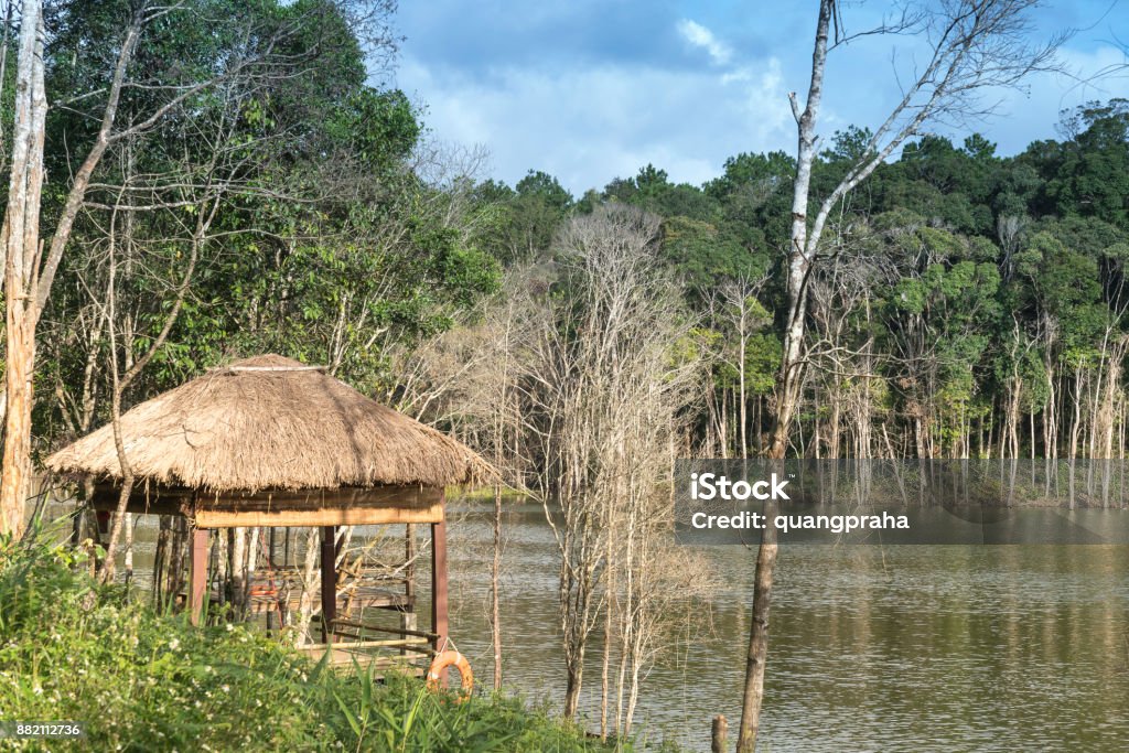 bamboo raft set in a lake surrounded by mountains and trees bamboo raft set in a lake surrounded by mountains and trees. It is a quiet and relaxing place. Mang Den tourism area, Kon Tum, Vietnam Asia Stock Photo