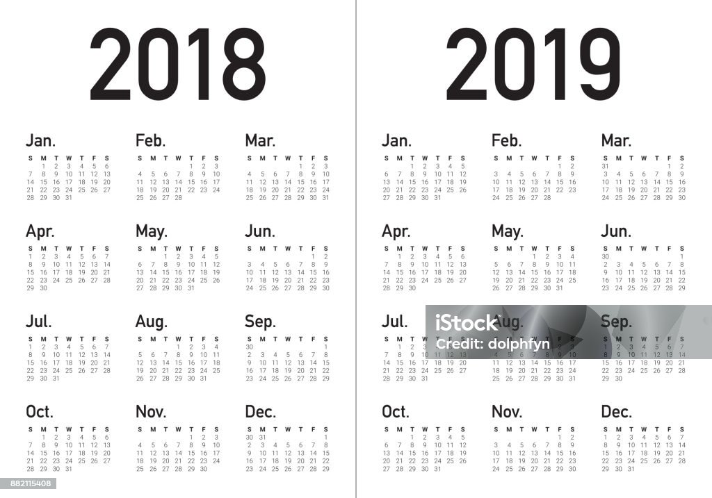 Vektor Kalender Tahun 2018 2019 Ilustrasi Stok - Unduh Gambar Sekarang - Acara Bulanan, Bersih - Kondisi Baik, Bulan - Tanggal Kalender - Istock
