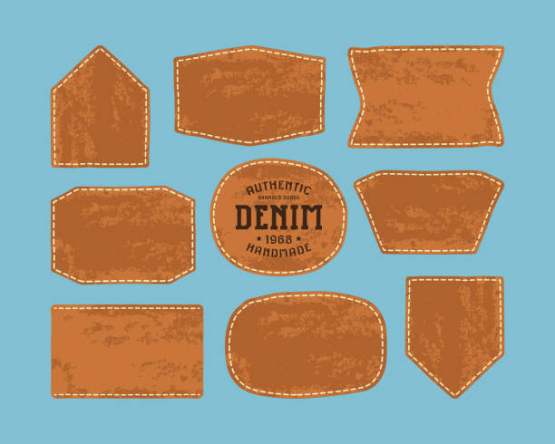 satz von leder-patch für jeansbekleidung - leather stock-grafiken, -clipart, -cartoons und -symbole