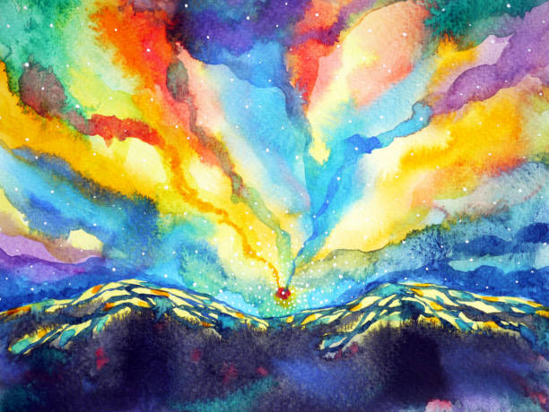 ilustrações de stock, clip art, desenhos animados e ícones de abstract mountain sky watercolor painting color colorful background illustration design hand drawn - sacred mountain