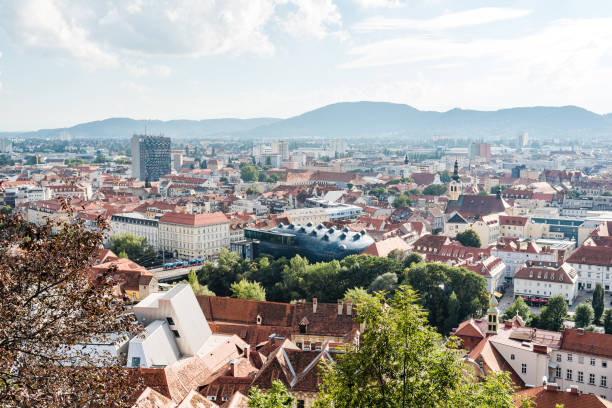 Graz, Austria - August 11, 2017: High angle view of cityscape of Graz from Schlossberg,