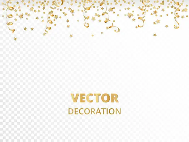 Vector illustration of Holiday background. Isolated golden garland border, frame. Hanging baubles, streamers, falling confetti