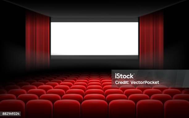 White Cinema Theatre Screen With Red Curtains And Chairs Stock Illustration - Download Image Now