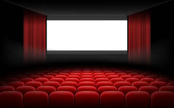 Vector illustration of White cinema theatre screen with red curtains and chairs