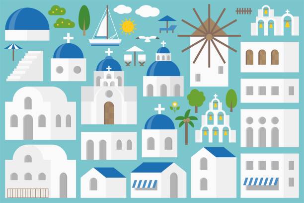 ilustraciones, imágenes clip art, dibujos animados e iconos de stock de santorini elementos constructor sistema incluye iglesia, campana, silla de playa, paraguas, gaviota, árbol, edificio de diseño plano para hacer una isla de santorini, grecia - santorini greece church travel