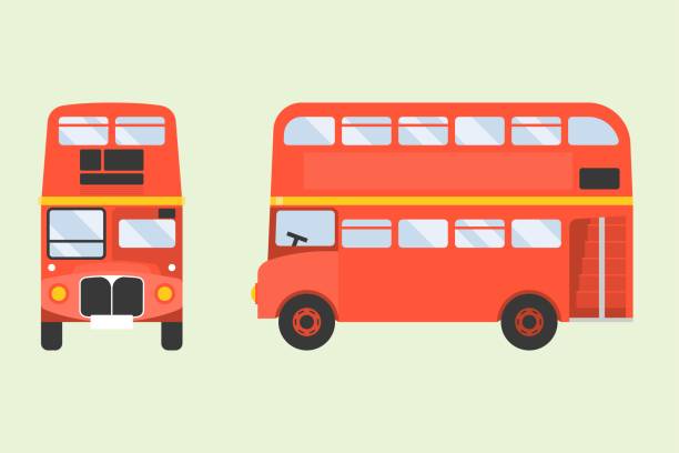 czerwona dwupiętrowa ikona londyńskiego autobusu z przodu i z boku, płaski ilustrator - bus double decker bus london england uk stock illustrations