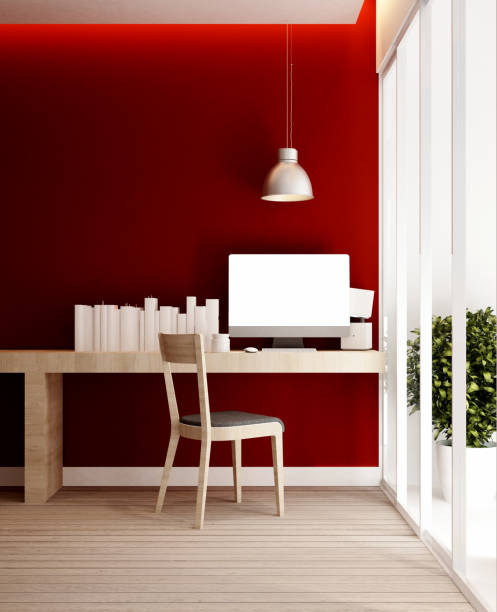 istock workplace and red wall in home or apartment - Interior design for artwork - 3D Rendering 882176758