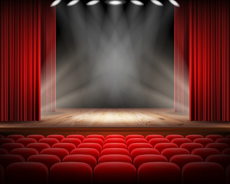 Open red curtain and empty illuminated theatrical scene realistic vector illustration. Grand opening concept, performance or event premiere poster, announcement banner template with theater stage